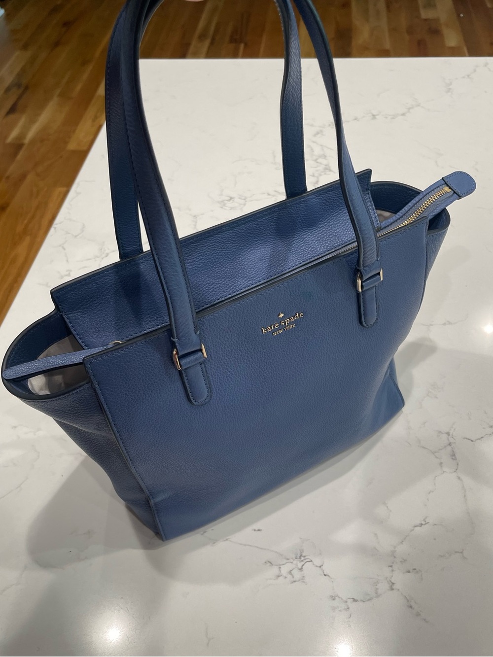 kate spade navy pebbled leather tote with gold logo